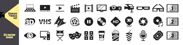 Conjunto de iconos de cine Contiene pausa de reproducción de la cámara medios de vídeo en línea reproductor en vivo de películas e iconos de cine