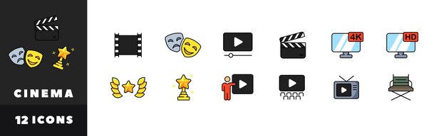 Conjunto de iconos de cine Iconos vectoriales de estilo plano