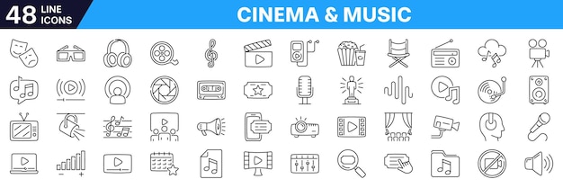 Conjunto de iconos de cine y música Estilo lineal