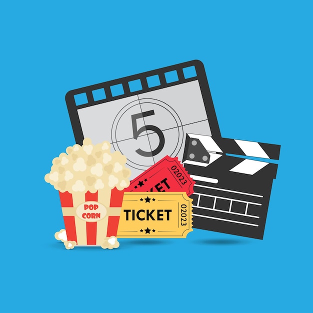 Conjunto de iconos de cine Tabla de clapper Entrada Admitir una palomita de maíz película carrete película y medios de video