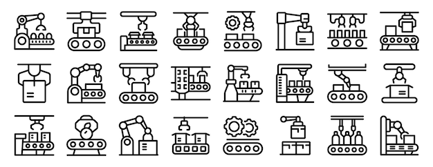 conjunto de iconos de cintas transportadoras de robots proceso de automatización de fabricación de cintas trasportadoras con iconos de brazos robóticos conjunto de estilo de contorno