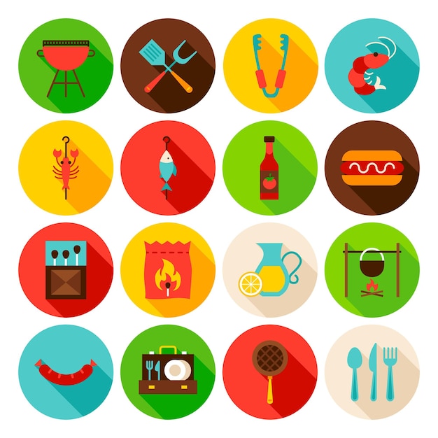 Conjunto de iconos de círculo de fiesta de barbacoa. Ilustración de Vector de diseño plano. Colección de símbolos web.