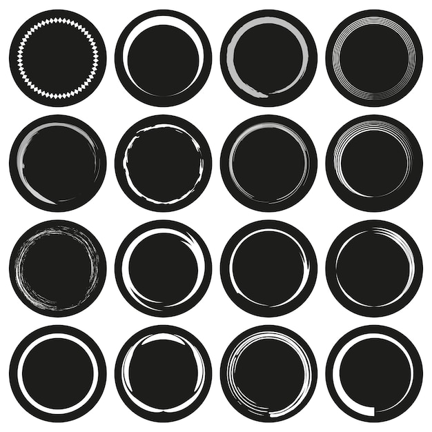 Conjunto de iconos de círculos decorativos Dieciséis diseños redondos diferentes Vector abstracto en blanco y negro
