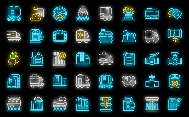 Conjunto de iconos de cisterna de gasolina neón vectorial