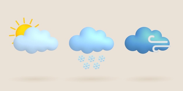 Conjunto de iconos de clima de dibujos animados 3d copo de nieve de viento de nube de sol