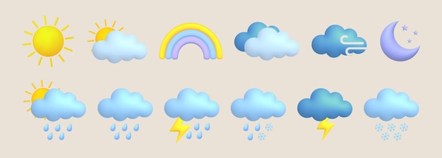 Conjunto de iconos de clima de dibujos animados en 3d lindo sol luna arco iris relámpago nube lluvia nieve viento tormenta