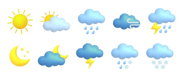 Conjunto de iconos de clima de dibujos animados en 3d lindo Sol luna estrella relámpago nube lluvia nieve viento tormenta