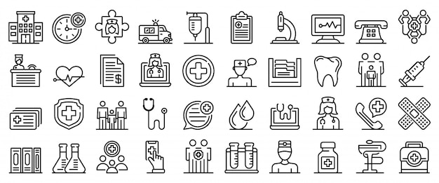 Vector conjunto de iconos de clínica de salud familiar, estilo de contorno