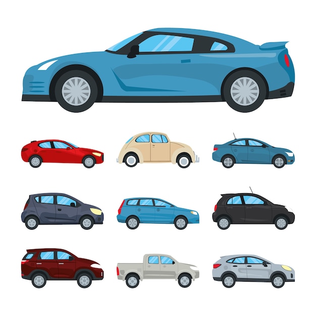 Vector conjunto de iconos de coches y coches deportivos azul sobre fondo blanco, diseño colorido