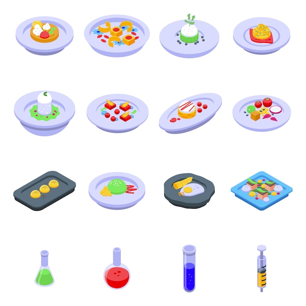 Conjunto de iconos de cocina molecular, estilo isométrico