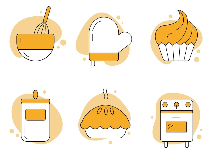 Vector conjunto de iconos de cocina con recipiente para mezclar potholder muffin harina tarro pastel y horno símbolos planos