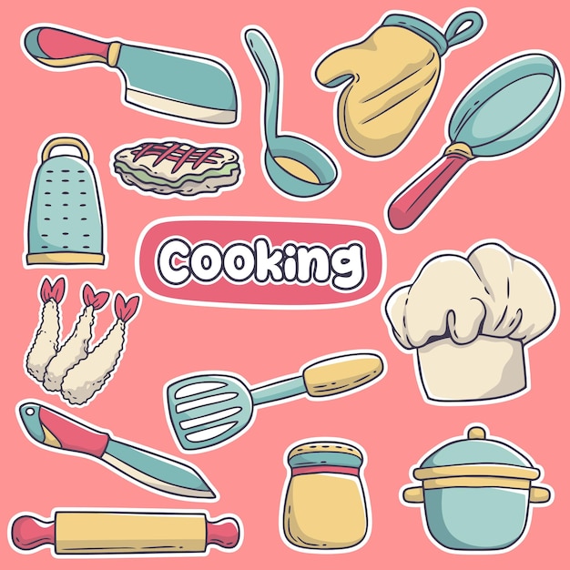 Vector un conjunto de iconos de cocina sobre un fondo rosa.