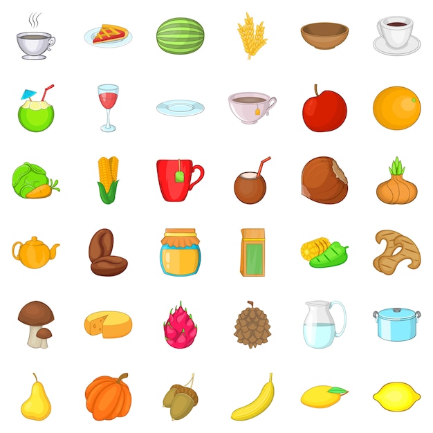 Conjunto de iconos de cocina vegetariana, estilo de dibujos animados