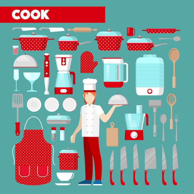 Vector conjunto de iconos de cocinero profesional con utensilios de cocina. íconos