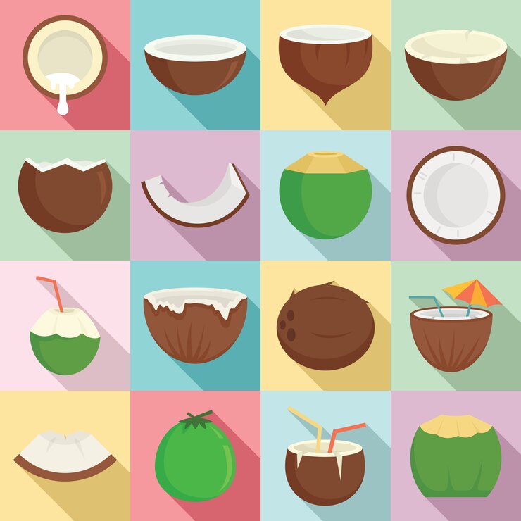 Vector conjunto de iconos de coco, estilo plano