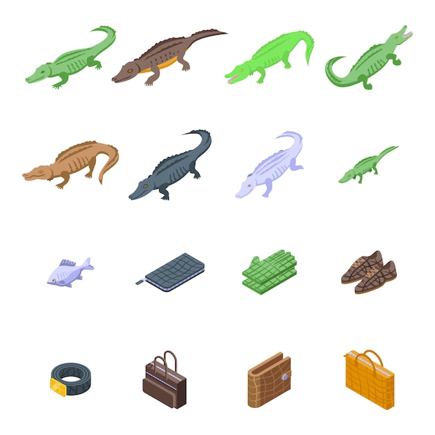 Conjunto de iconos de cocodrilo. Conjunto isométrico de iconos de cocodrilo para diseño web aislado sobre fondo blanco