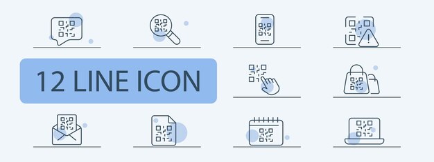 Conjunto de iconos de código QR Acceder a pago en línea teléfono portátil inicio de sesión banco clave cámara teléfono ID Código QR concepto Fondo de color pastel Vector 12 icono de línea para negocios