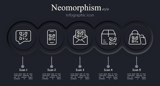 Conjunto de iconos de código Quar Caja de sobre de teléfono inteligente de mensaje información de compra en línea hipervínculo Estilo de neomorfismo Icono de línea vectorial para negocios y publicidad