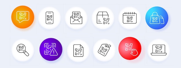 Conjunto de iconos de código Quar Escáner de correo lupa de búsqueda etiqueta caja de portátil sitio web ratón clic estilo Neomorfismo icono de línea vectorial para negocios y publicidad