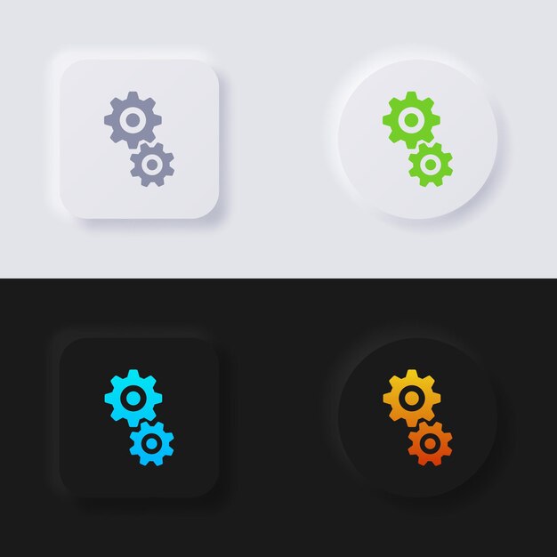 Conjunto de iconos Cog, botón de neumorfismo multicolor Diseño de interfaz de usuario suave para diseño web