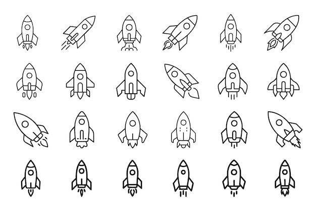 Conjunto de iconos de cohetes aislados con vector de contorno plano
