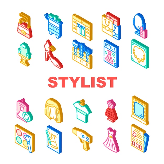 Conjunto de iconos de colección de accesorios de estilista Sillón de estilista vectorial y maniquí de costura de espejo y catálogo de estilo de vestido y ilustraciones de color de signo isométrico de revista