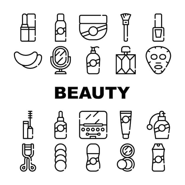 Conjunto de iconos de colección de accesorios de salón de belleza Barra de labios vectorial y polvo Máscara facial de belleza y crema de perfume y champú Espejo y esmalte de uñas Ilustraciones de contorno negro