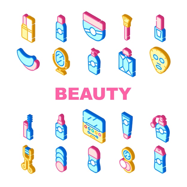 Conjunto de iconos de colección de accesorios de salón de belleza Barra de labios vectorial y polvo Máscara facial de belleza y crema de perfume y champú Espejo y esmalte de uñas Signo isométrico Ilustraciones en color