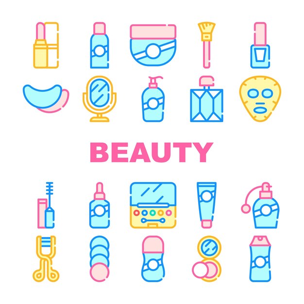 Conjunto de iconos de colección de accesorios de salón de belleza Lápiz labial vectorial y polvo Máscara facial de belleza y perfume Crema y champú Espejo y esmalte de uñas Concepto Pictogramas lineales Ilustraciones de contorno