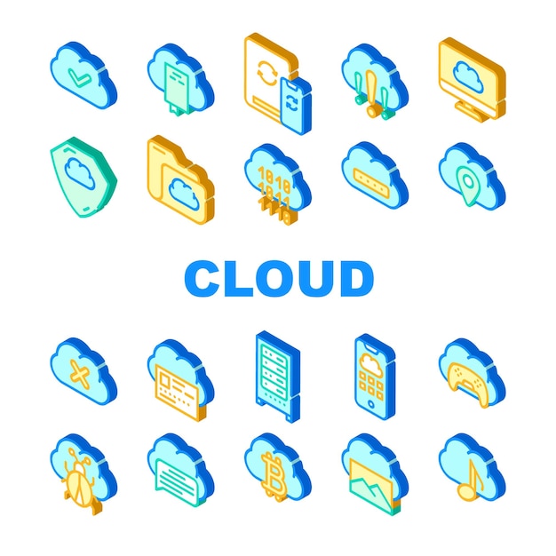 Conjunto de iconos de colección de almacenamiento de servicios en la nube Seguridad de datos e información en la nube vectorial Juego de almacenamiento de música y fotografía Seguro y ubicación Signo isométrico Ilustraciones en color