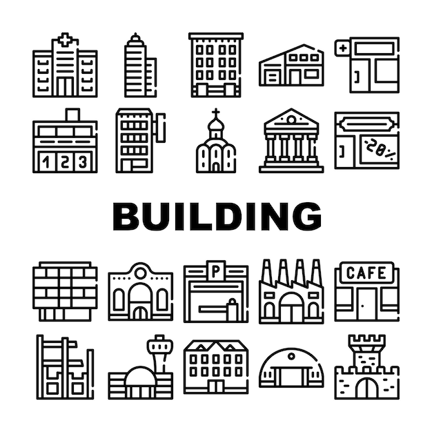 Conjunto de iconos de colección de arquitectura de edificios Vector Hospital e Iglesia Gobierno y hotel Edificio Estacionamiento y fábrica Café y castillo Ilustraciones de contorno negro