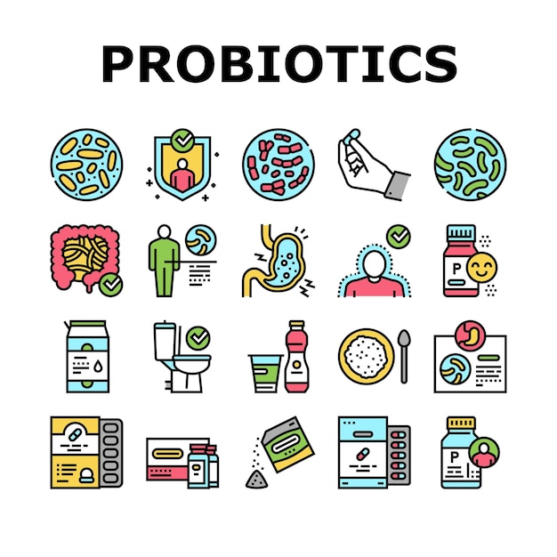 Conjunto de iconos de colección de bacterias probióticos Vector