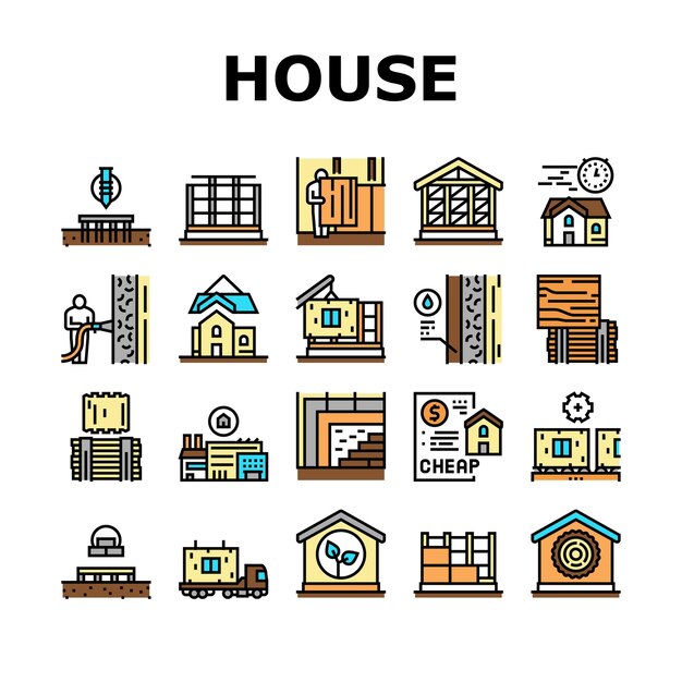 Conjunto de iconos de colección de casa de marco de madera Vector