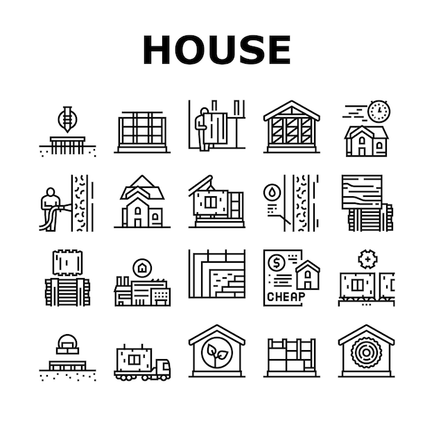 Conjunto de iconos de colección de casa de marco de madera Vector