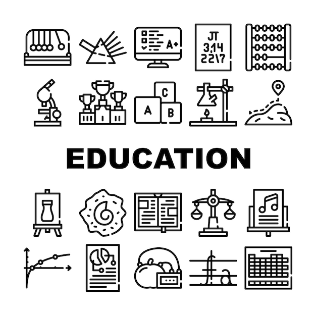 Conjunto de iconos de colección de ciencia educativa Vector Química y física Deporte y literatura Música y arte Biología y matemáticas Educación Ilustraciones de contorno negro