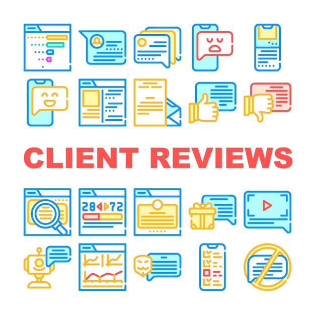 Conjunto de iconos de colección de comentarios de revisión del cliente Anónimo vectorial y revisión del cliente de video Me gusta y no me gusta Satisfecho y decepcionado Concepto de cliente Pictogramas lineales Ilustraciones de contorno de color