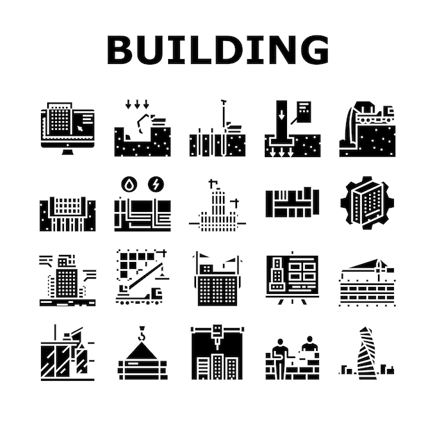 Conjunto de iconos de colección de construcción de edificios Vector