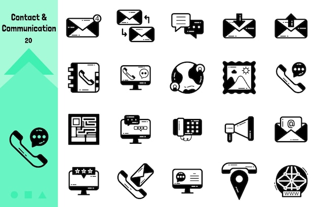 Conjunto de iconos de la colección de contactos y comunicaciones de estilo negro sólido