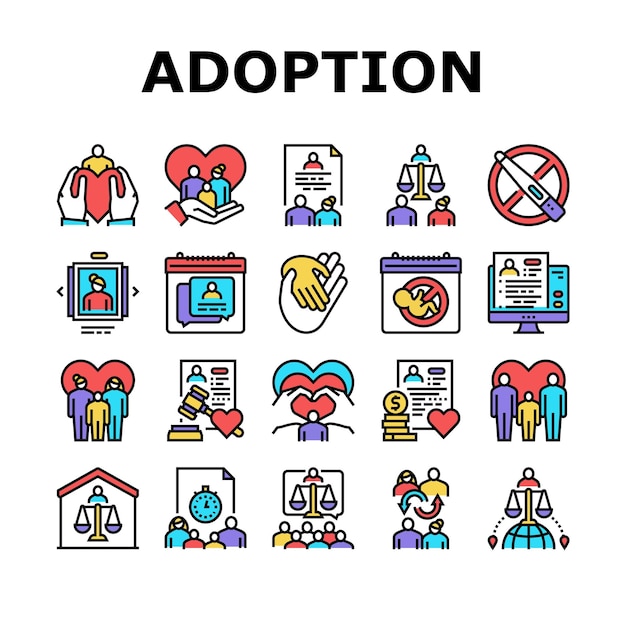 Conjunto de iconos de colección de cuidado de adopción infantil Vector