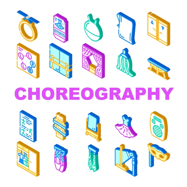 Conjunto de iconos de colección de danza de coreografía Zapatos de baile vectorial y herramienta esférica para saltar Máscara facial y equipo de entradas para coreografía Ilustraciones de color de signo isométrico