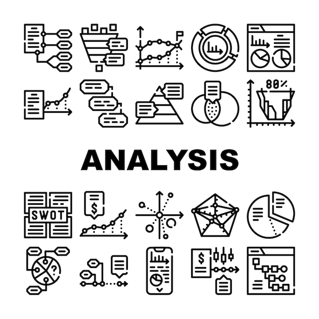 Conjunto de iconos de colección de diagramas de análisis de datos Vector Análisis financiero y FODA Análisis de economía y negocios Infografía e investigación de gráficos Ilustraciones de contorno negro