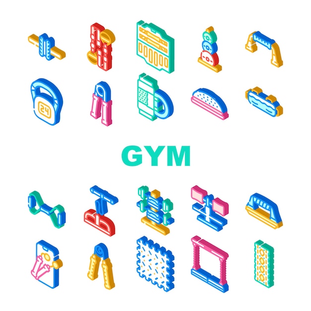 Conjunto de iconos de colección de equipos de gimnasio en casa Expansor de mano vectorial y maleta de rollo de masaje con pesas Herramienta de gimnasio Cuerda de saltar y colchoneta de ejercicios Ilustraciones en color