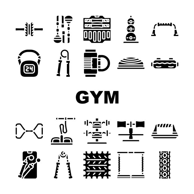 Vector conjunto de iconos de colección de equipos de gimnasio en casa expansor de mano vectorial y maleta de rollo de masaje con pesas herramienta de gimnasio cuerda de saltar y colchoneta de ejercicios pictogramas de glifo ilustraciones negras