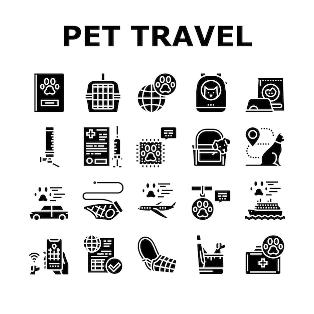 Conjunto de iconos de colección de equipos de viaje para mascotas Vector