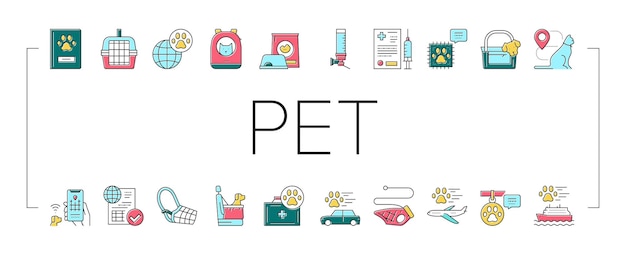 Conjunto de iconos de colección de equipos de viaje para mascotas vector