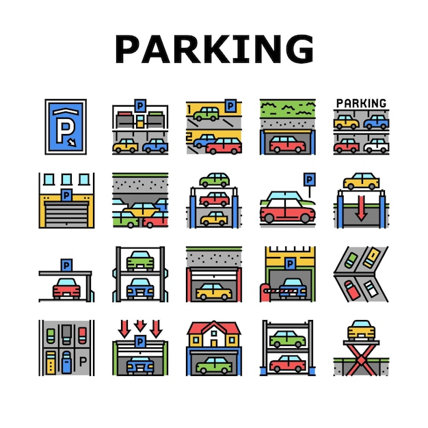 Vector conjunto de iconos de colección de estacionamiento subterráneo vector