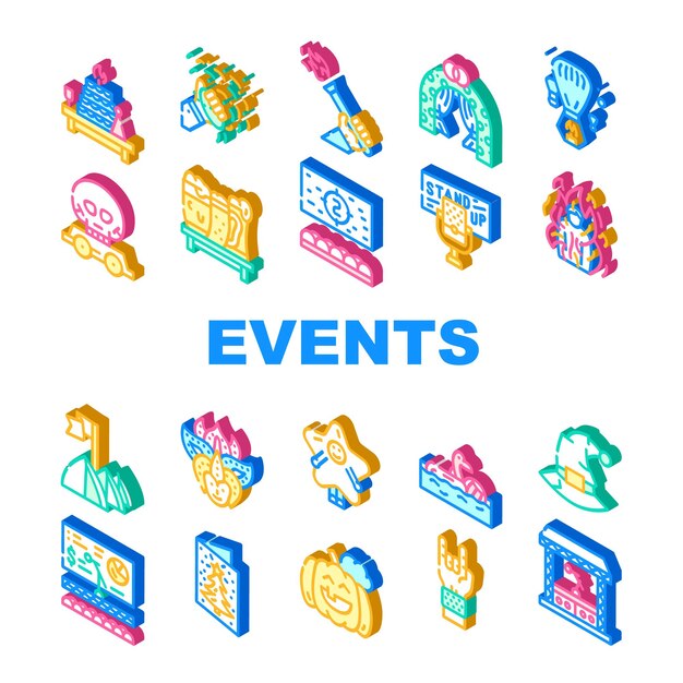 Conjunto de iconos de colección de eventos y festivales Vector Rock y Oktober Fest Standup y fiesta en la piscina Traje de fantasía y máscara facial Eventos Signo isométrico Ilustraciones en color