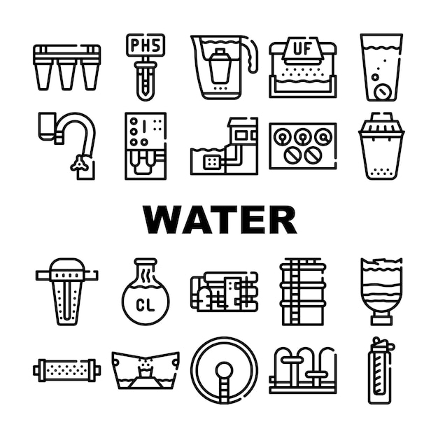 Conjunto de iconos de colección de filtros de tratamiento de agua Sistema de purificación de plantas vectoriales y equipo de filtración de agua Cloro y tratamiento ultravioleta Ilustraciones de contorno negro