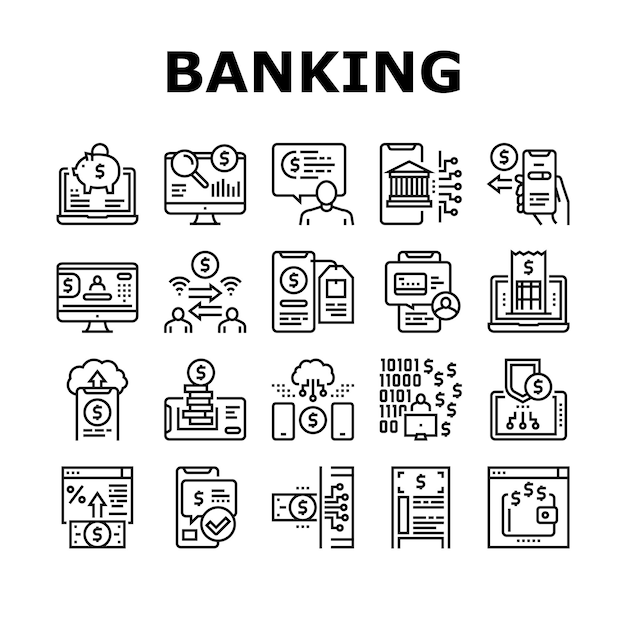 Conjunto de iconos de colección de finanzas de banca en línea Vector