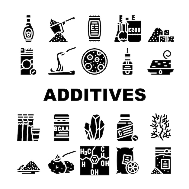 Conjunto de iconos de colección de fórmulas de aditivos alimentarios Jarabe de maíz vectorial y sustituto del azúcar Inventario químico y aminoácidos Aditivos alimentarios Pictogramas de glifos Ilustraciones negras